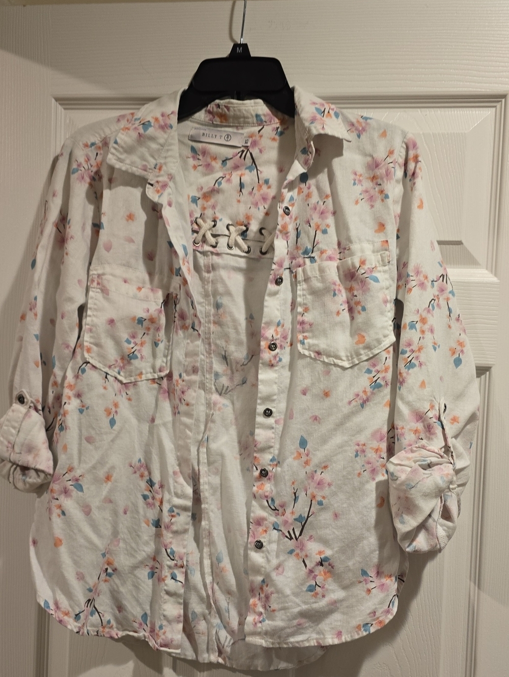 White Floral Button-Down Shirt with Pastel Blossom Print